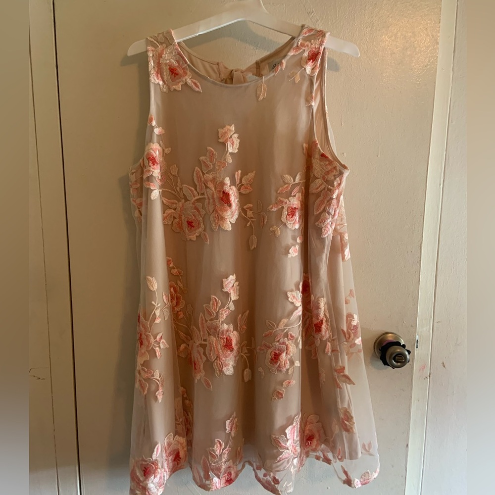 Beige embroidered flowers swing dress XL